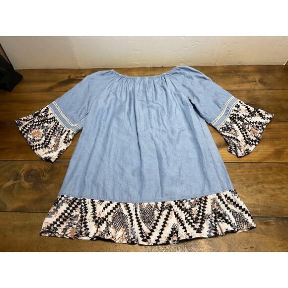 Ali Miles Top Women S Tunic Mixed Media Chambray Artsy Art to Wear Boho Western - Picture 9 of 9